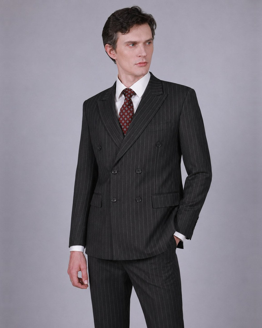 Charcoal Pinstripe Double Breasted Suit – 100% Wool, Classic Fit