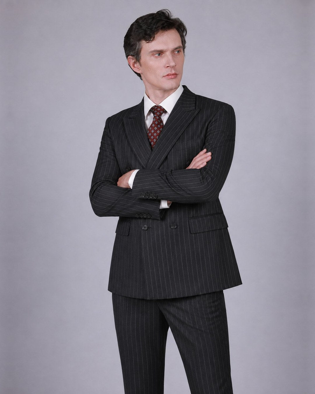 Charcoal Pinstripe Double Breasted Suit – 100% Wool, Classic Fit