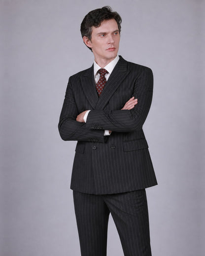Charcoal Pinstripe Double Breasted Suit – 100% Wool, Classic Fit