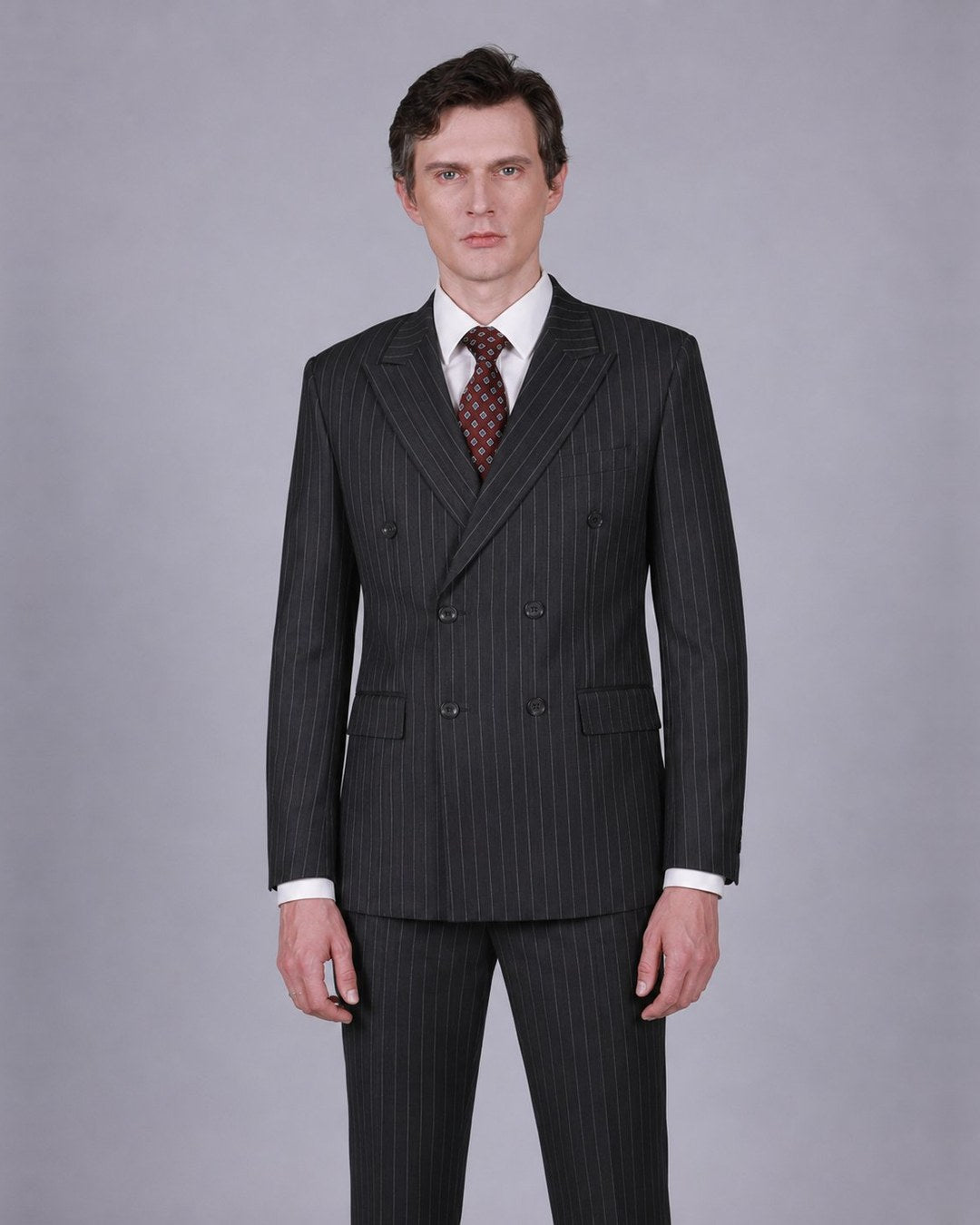 Charcoal Pinstripe Double Breasted Suit – 100% Wool, Classic Fit