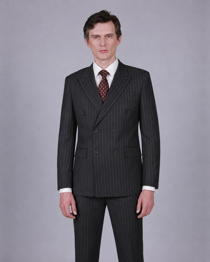 Charcoal Pinstripe Double Breasted Suit – 100% Wool, Classic Fit