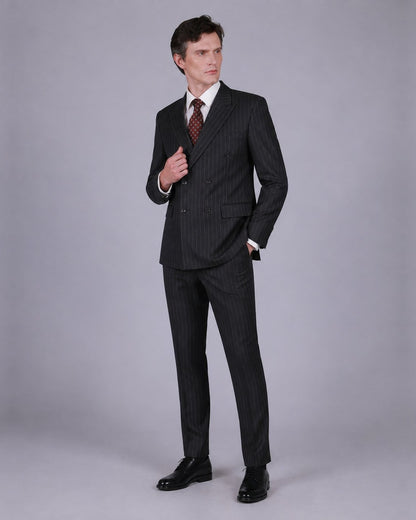 Charcoal Pinstripe Double Breasted Suit – 100% Wool, Classic Fit