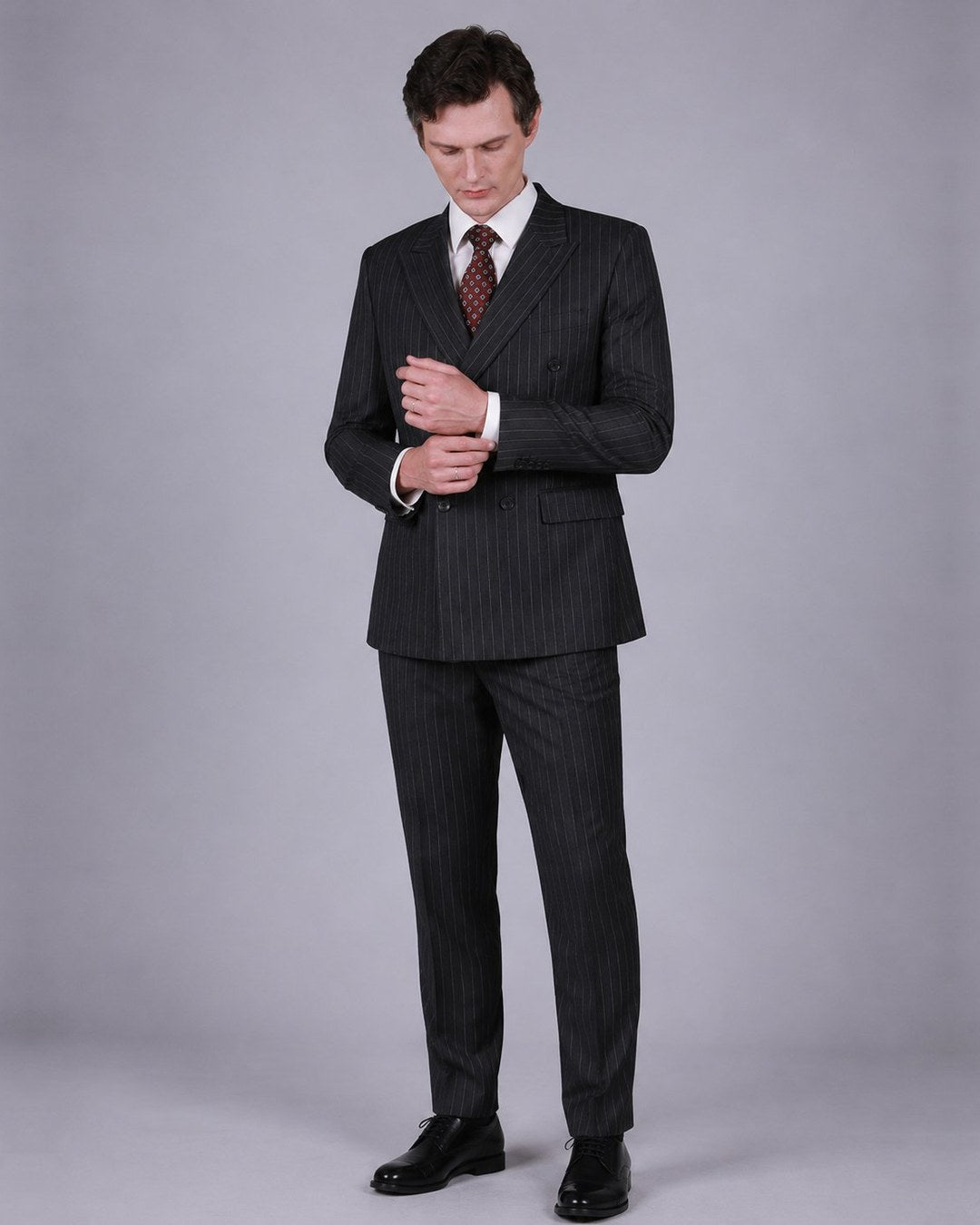 Charcoal Pinstripe Double Breasted Suit – 100% Wool, Classic Fit