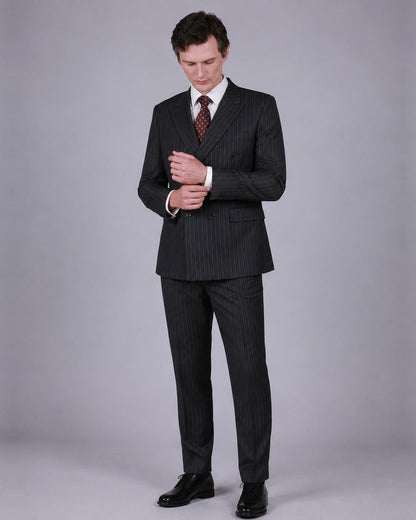 Charcoal Pinstripe Double Breasted Suit – 100% Wool, Classic Fit
