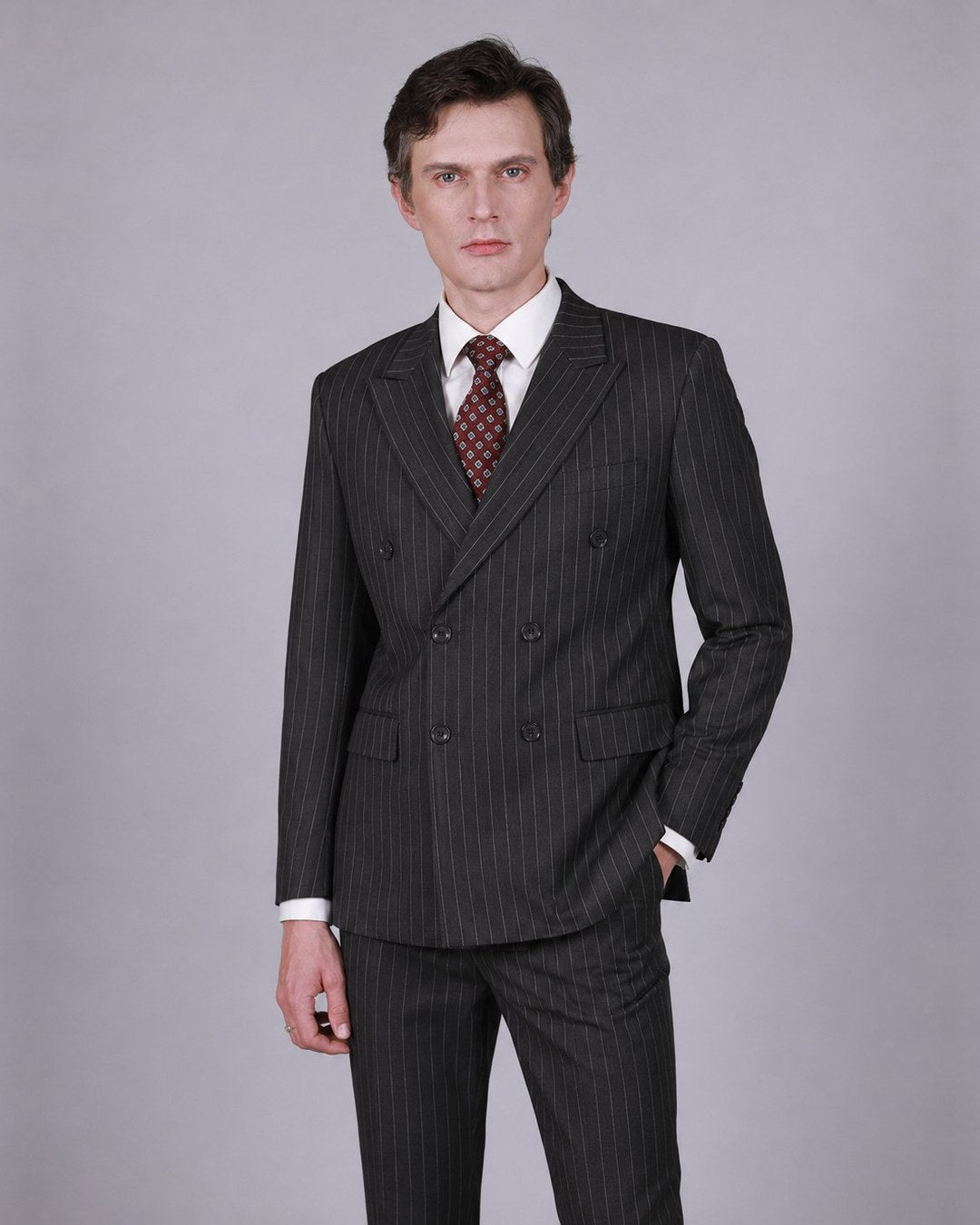 Charcoal Pinstripe Double Breasted Suit – 100% Wool, Classic Fit