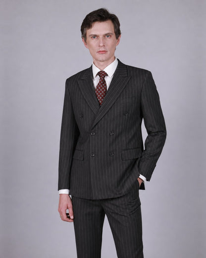 Charcoal Pinstripe Double Breasted Suit – 100% Wool, Classic Fit